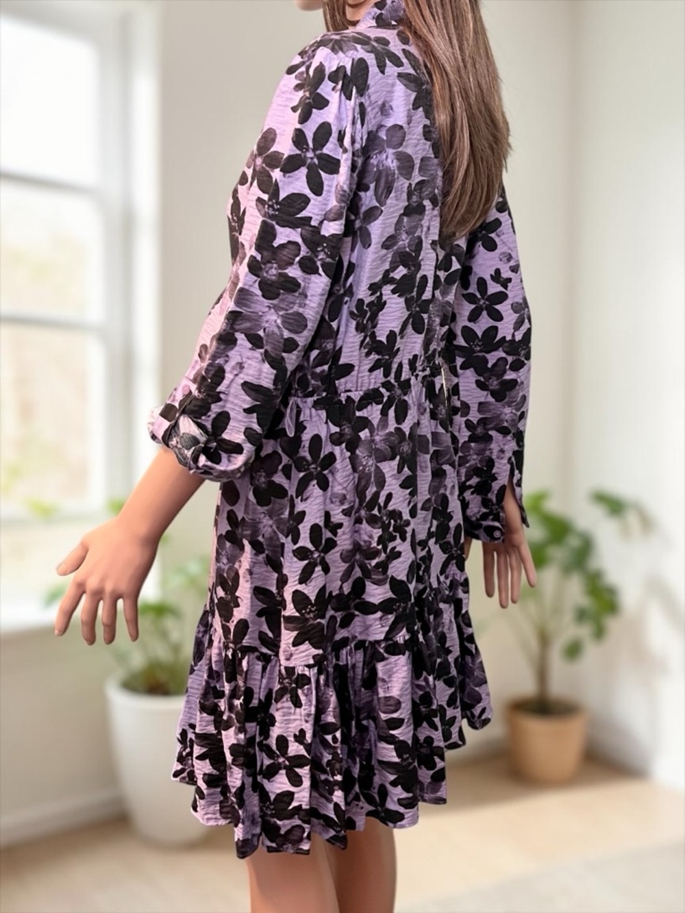 Simply Vera Vera Wang Purple Floral Shirt Dress S Collared Elastic Waist - Picture 6 of 7